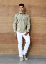 Light Khaki Print Cotton Slim Fit Shirt, view 5