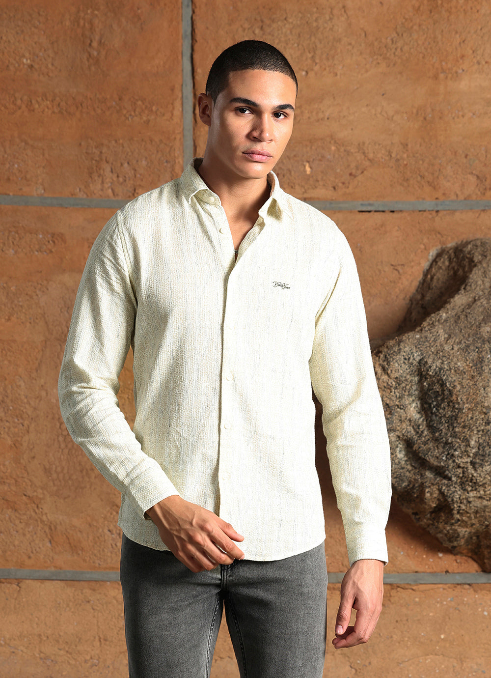 Beige Print Cotton Slim Fit Shirt