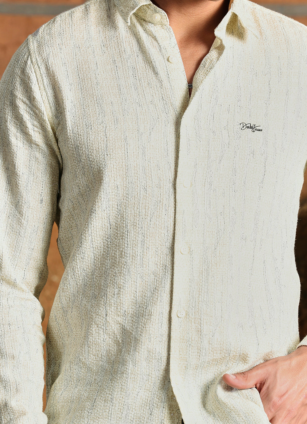 Beige Print Cotton Slim Fit Shirt