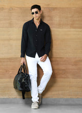 Black Micro Print Cotton Slim Fit Shirt, view 5