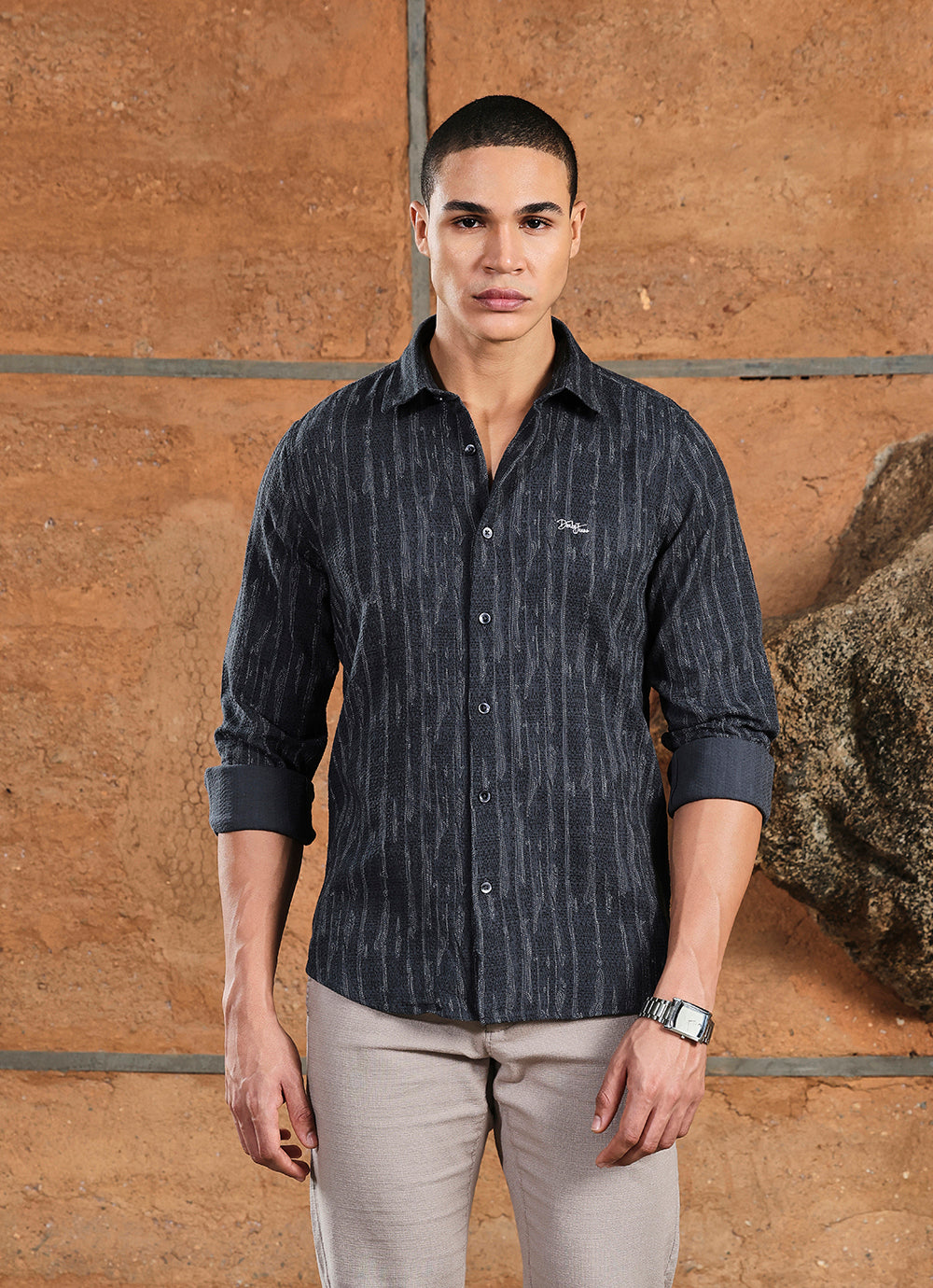 Grey Print Cotton Slim Fit Shirt