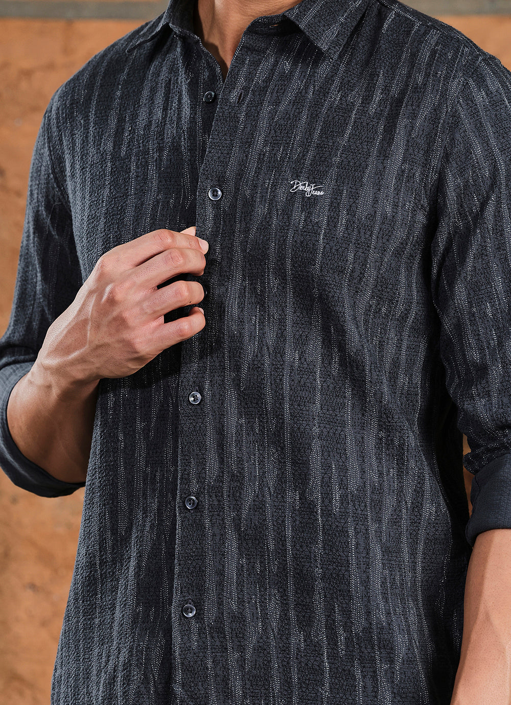 Grey Print Cotton Slim Fit Shirt
