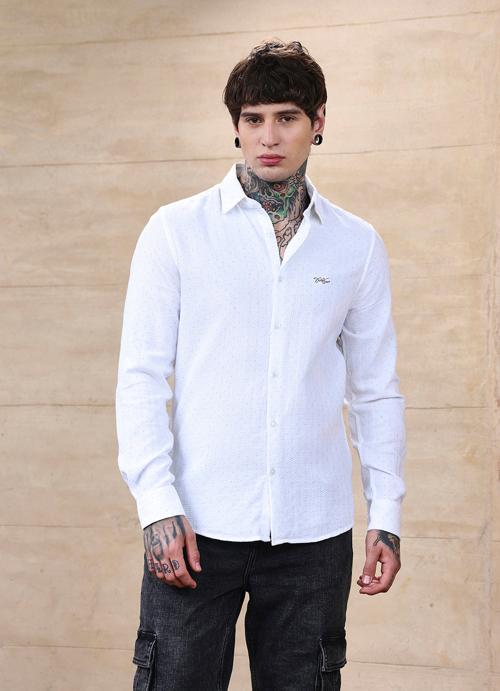 White Print Cotton Slim Fit Shirt