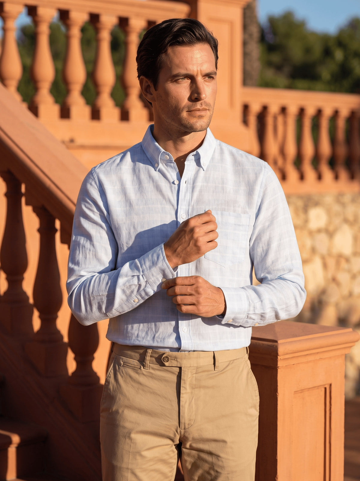 Blue Checked Cotton Linen Slim Fit Full Sleeve Shirt