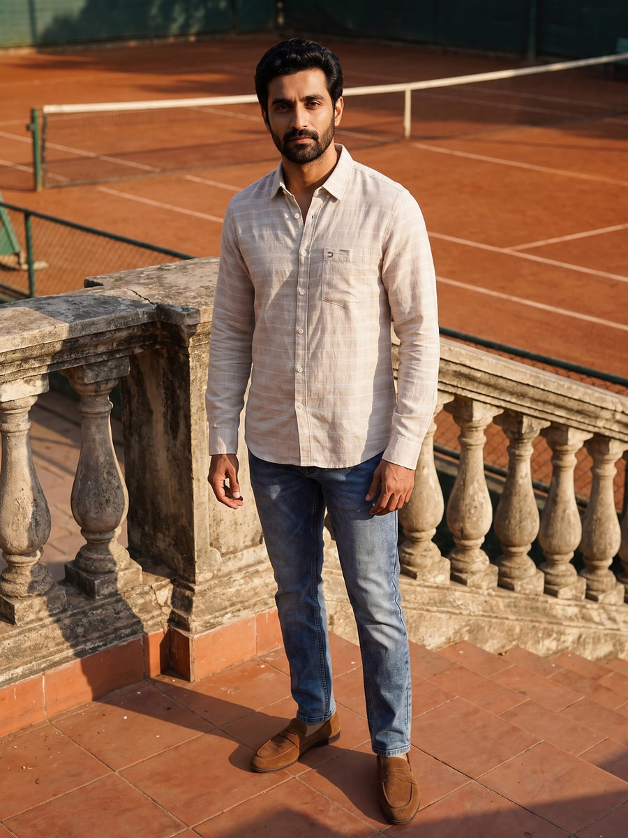 Off White Checked Cotton Linen Slim Fit Full Sleeve Shirt