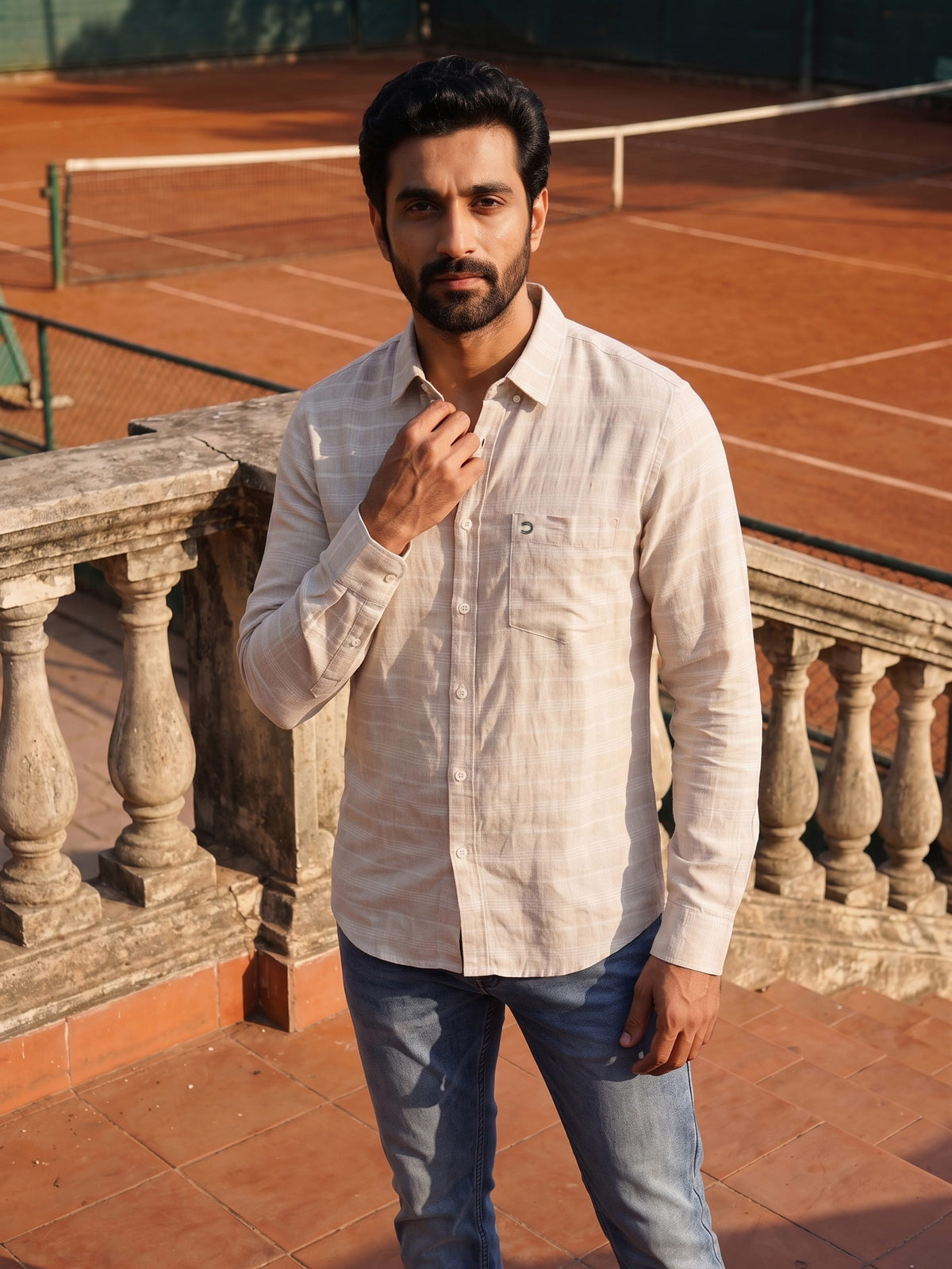 Off White Checked Cotton Linen Slim Fit Full Sleeve Shirt
