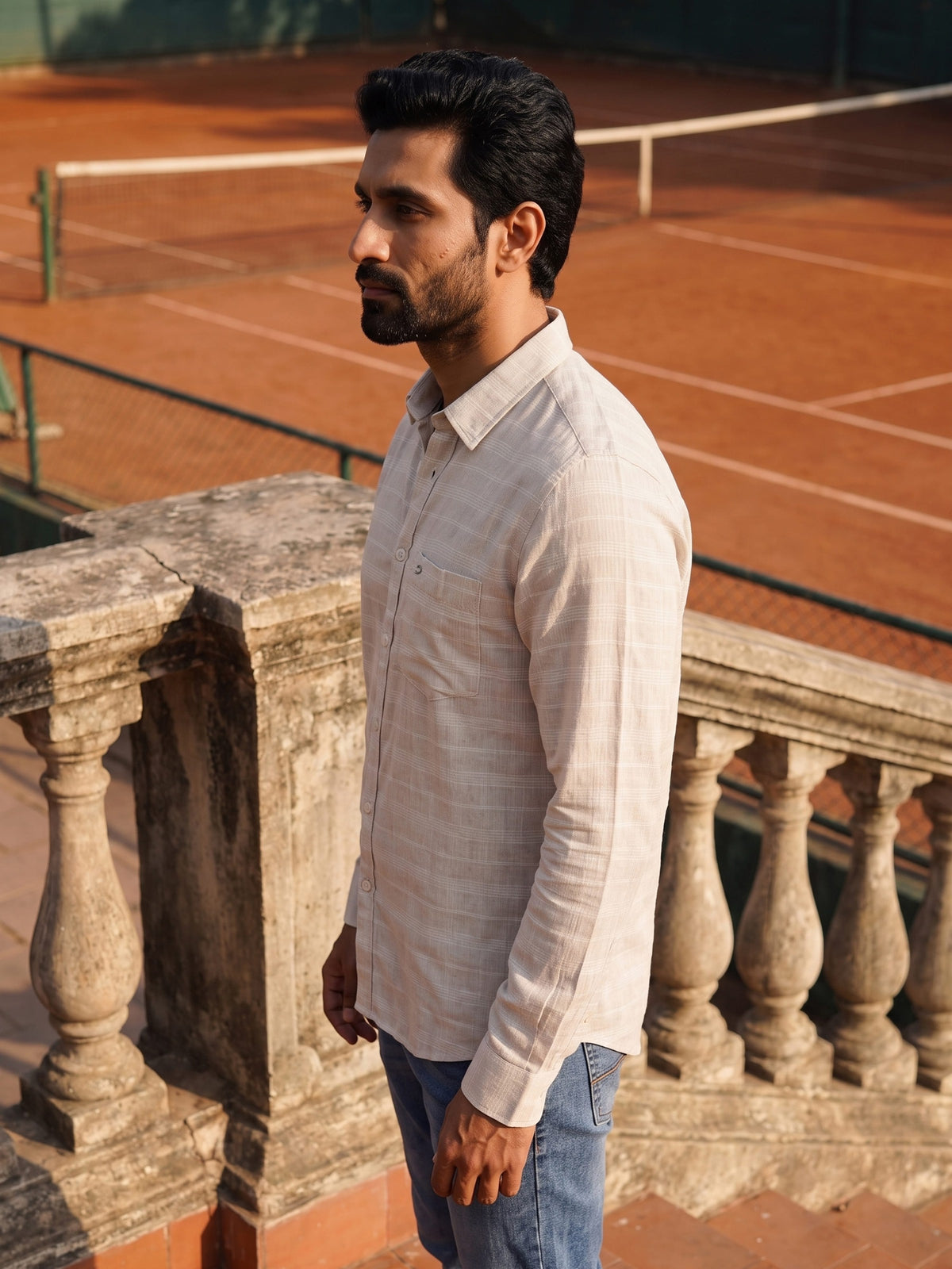 Off White Checked Cotton Linen Slim Fit Full Sleeve Shirt