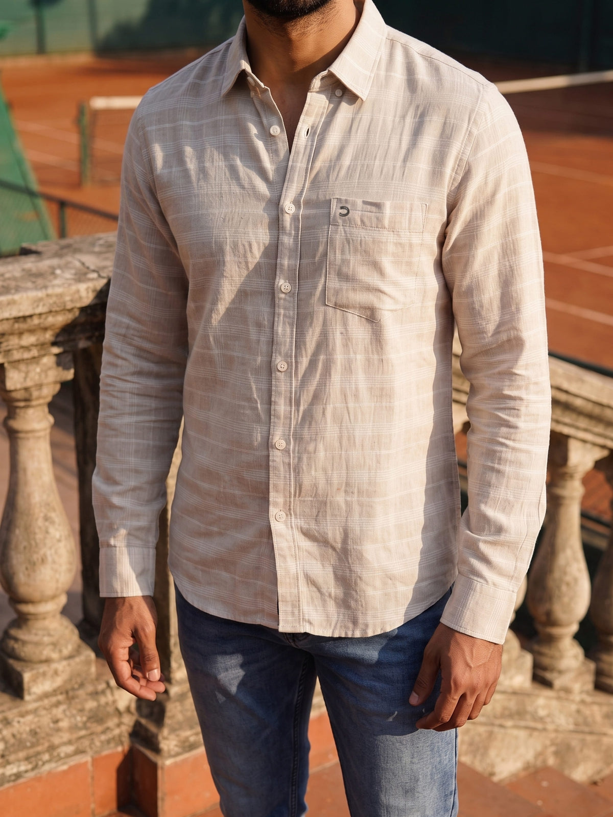 Off White Checked Cotton Linen Slim Fit Full Sleeve Shirt