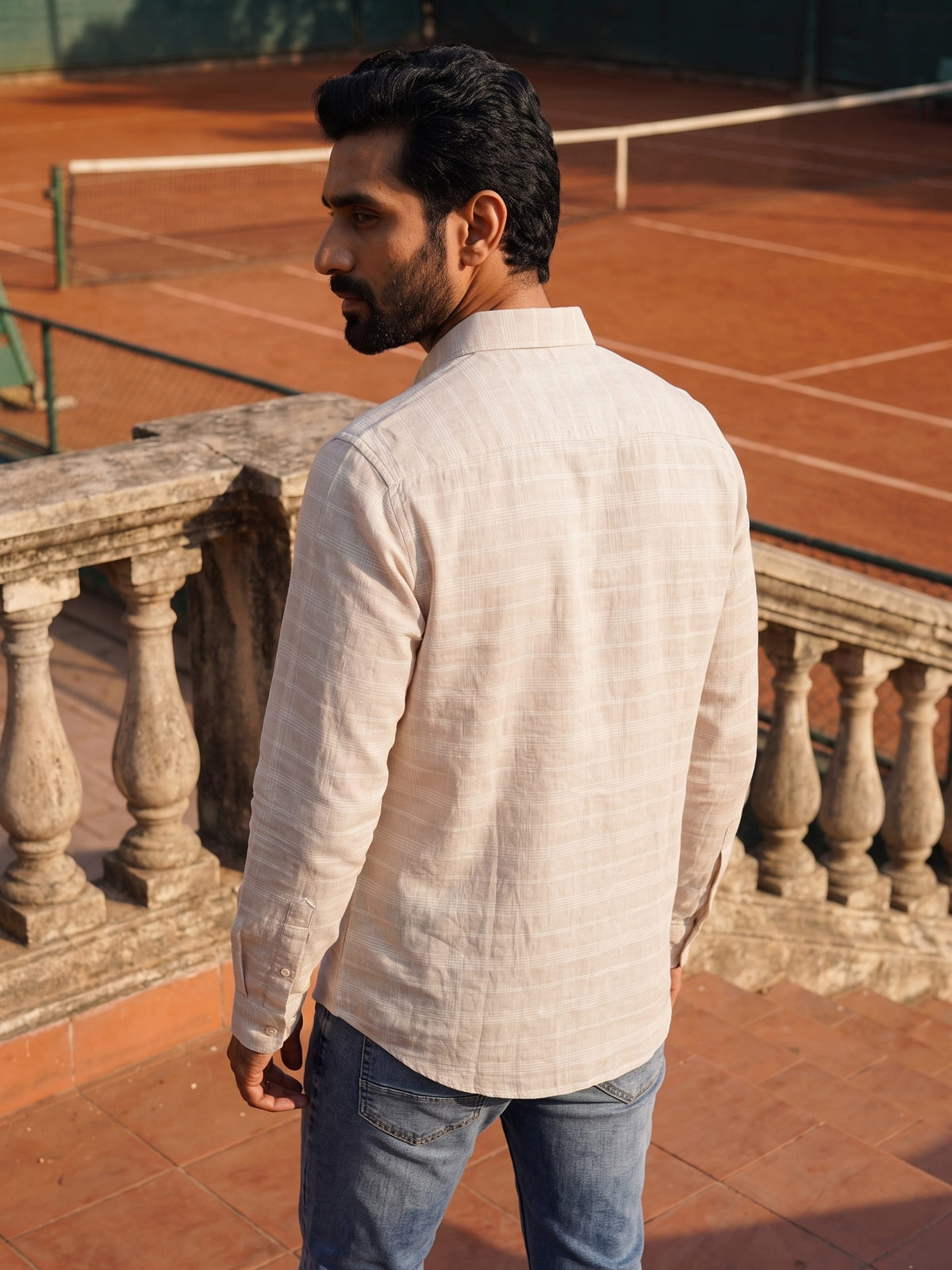 Off White Checked Cotton Linen Slim Fit Full Sleeve Shirt