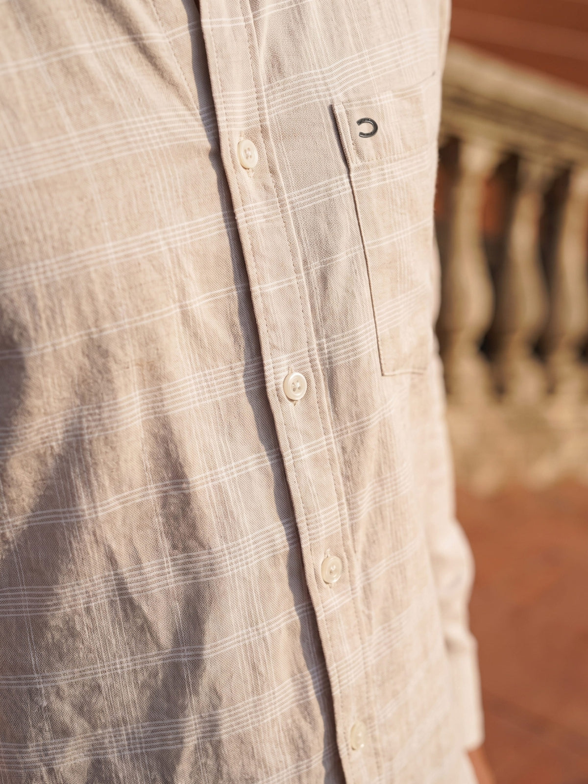 Off White Checked Cotton Linen Slim Fit Full Sleeve Shirt