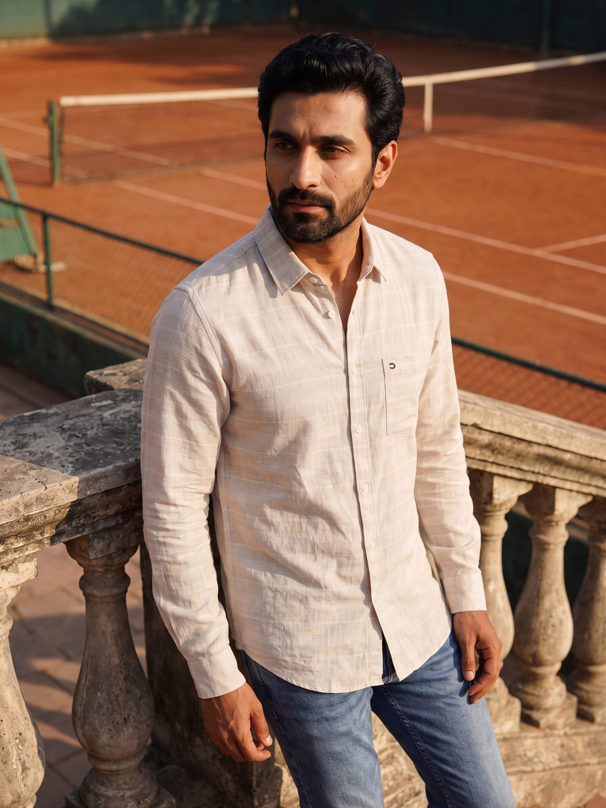 Off White Checked Cotton Linen Slim Fit Full Sleeve Shirt