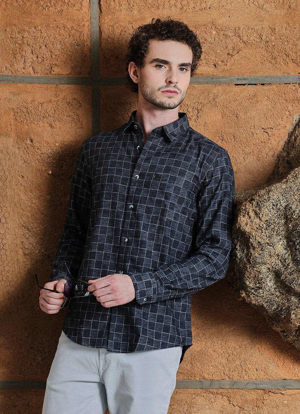 Navy Checks Cotton Slim Fit Shirt