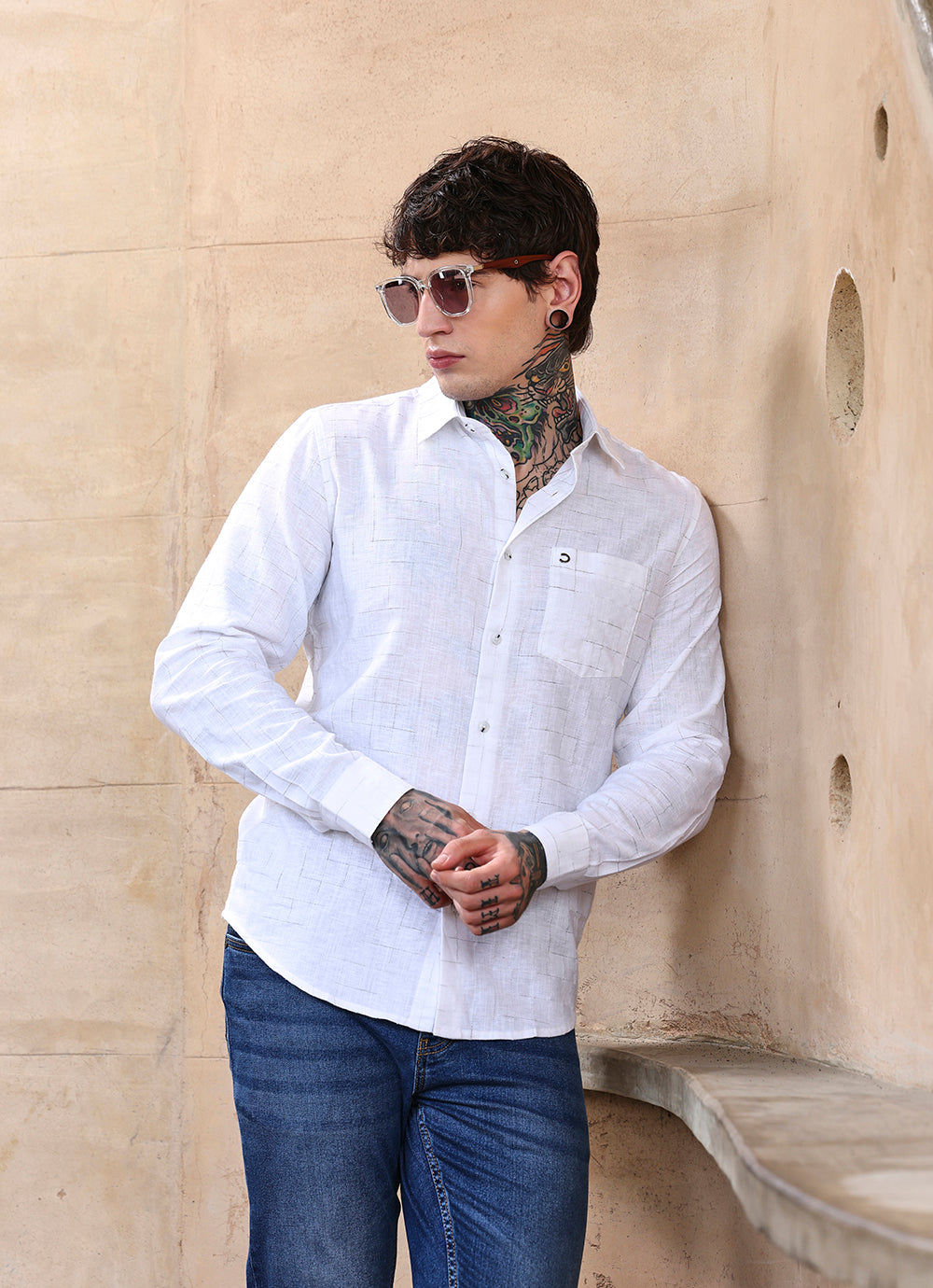 White Checks Cotton Slim Fit Shirt