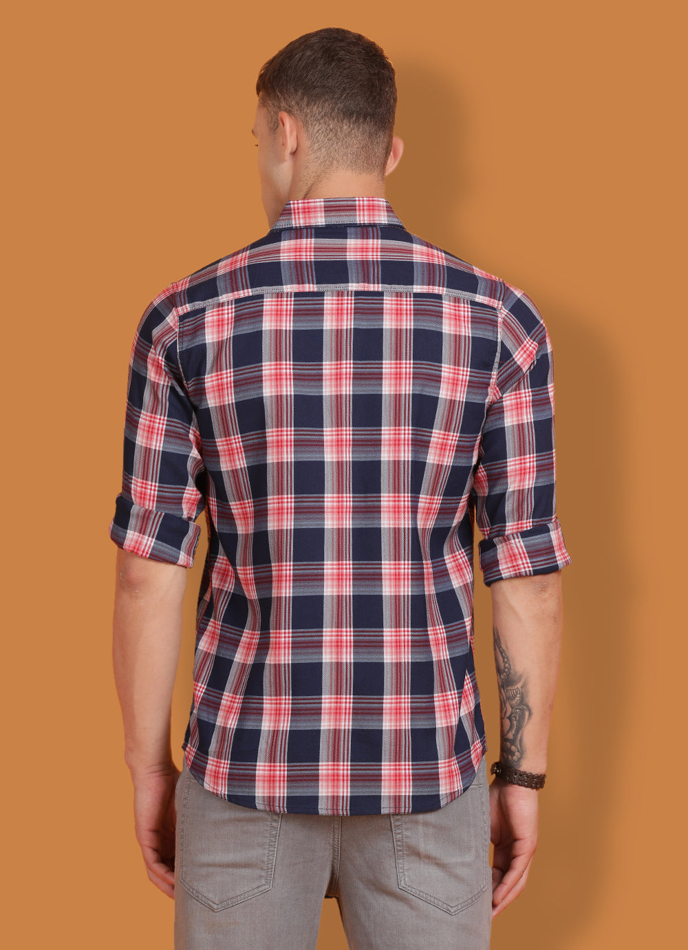 Red Indigo Checkered Slim Fit Shirt with Single Patch Pocket