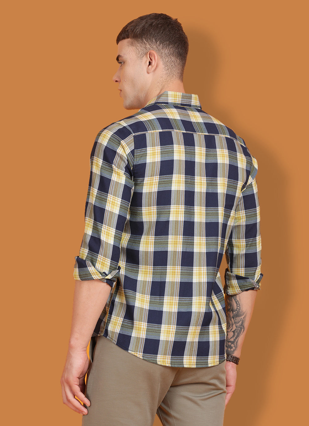 Yellow Indigo Checkered Slim Fit Shirt with Single Patch Pocket