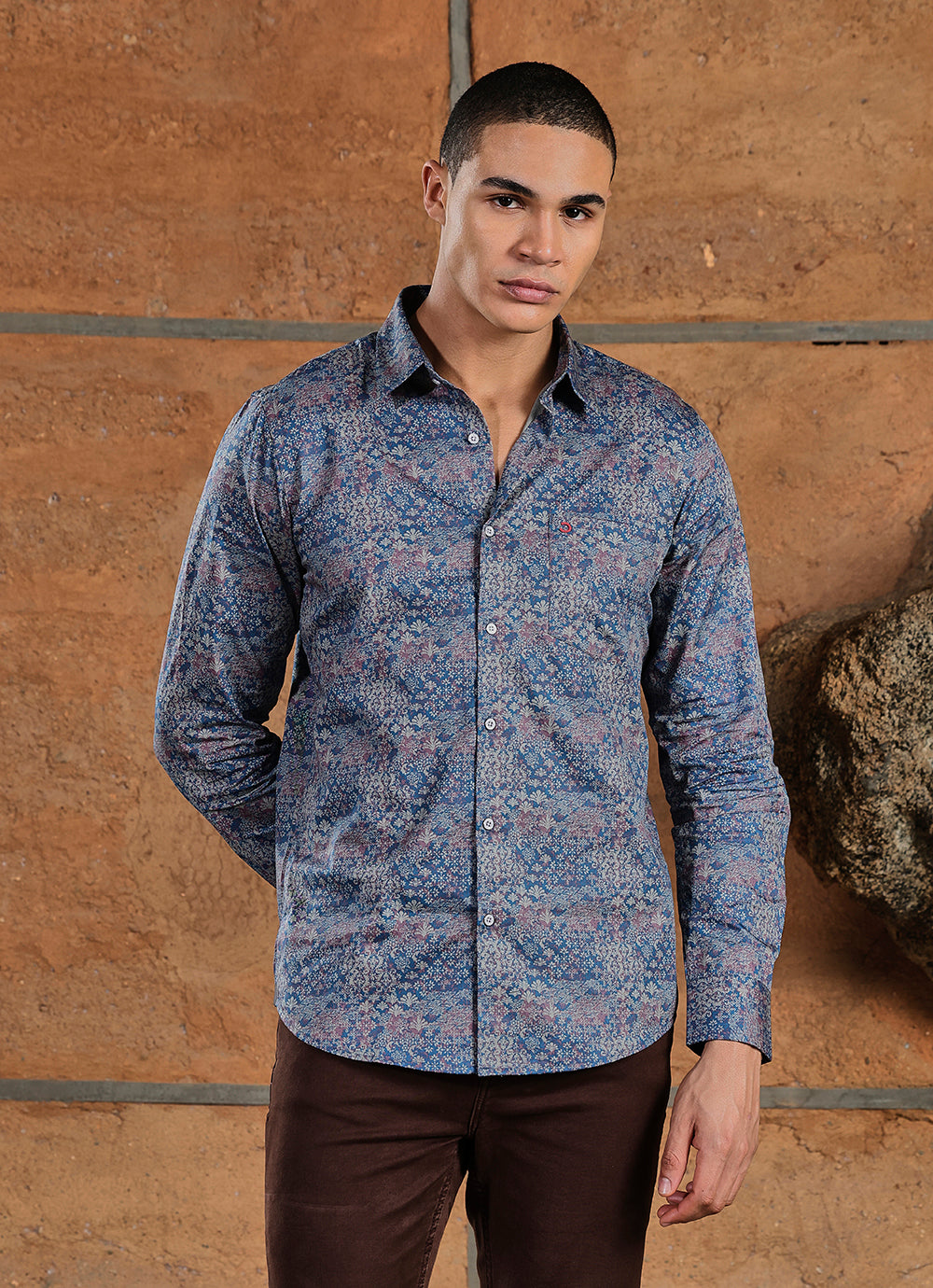 Blue Print Cotton Satin Slim Fit Shirt