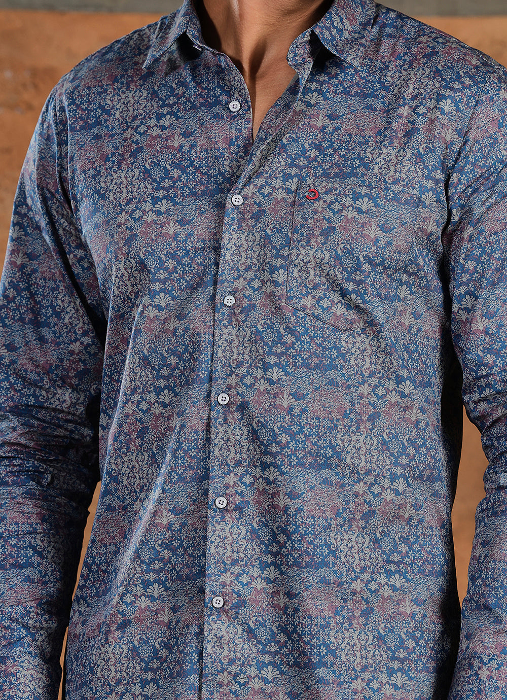 Blue Print Cotton Satin Slim Fit Shirt
