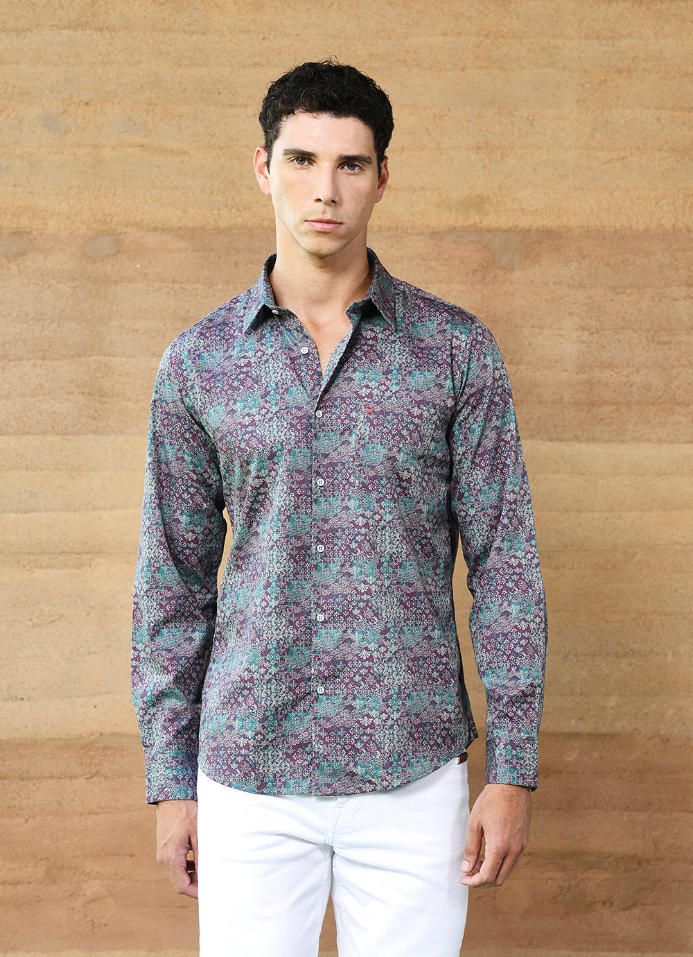 Green Print Cotton Satin Slim Fit Shirt