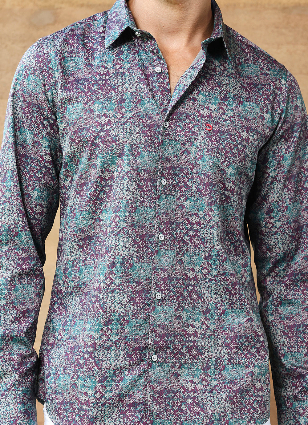 Green Print Cotton Satin Slim Fit Shirt