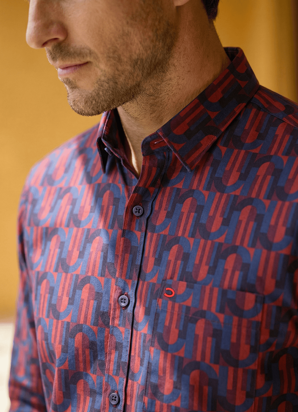 Blue Cotton Satin Print Slim Fit Full Sleeve Shirt