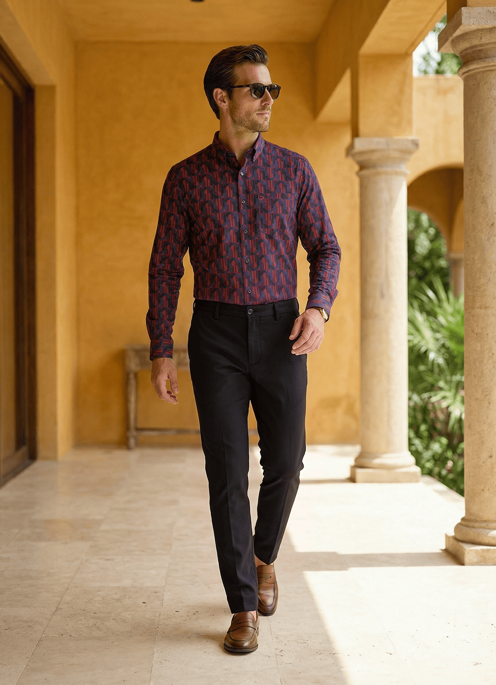 Blue Cotton Satin Print Slim Fit Full Sleeve Shirt