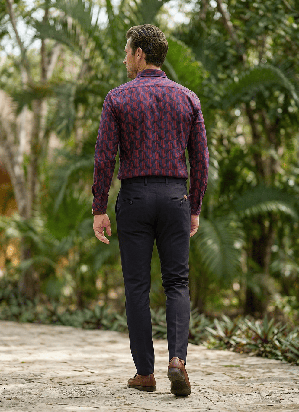 Blue Cotton Satin Print Slim Fit Full Sleeve Shirt