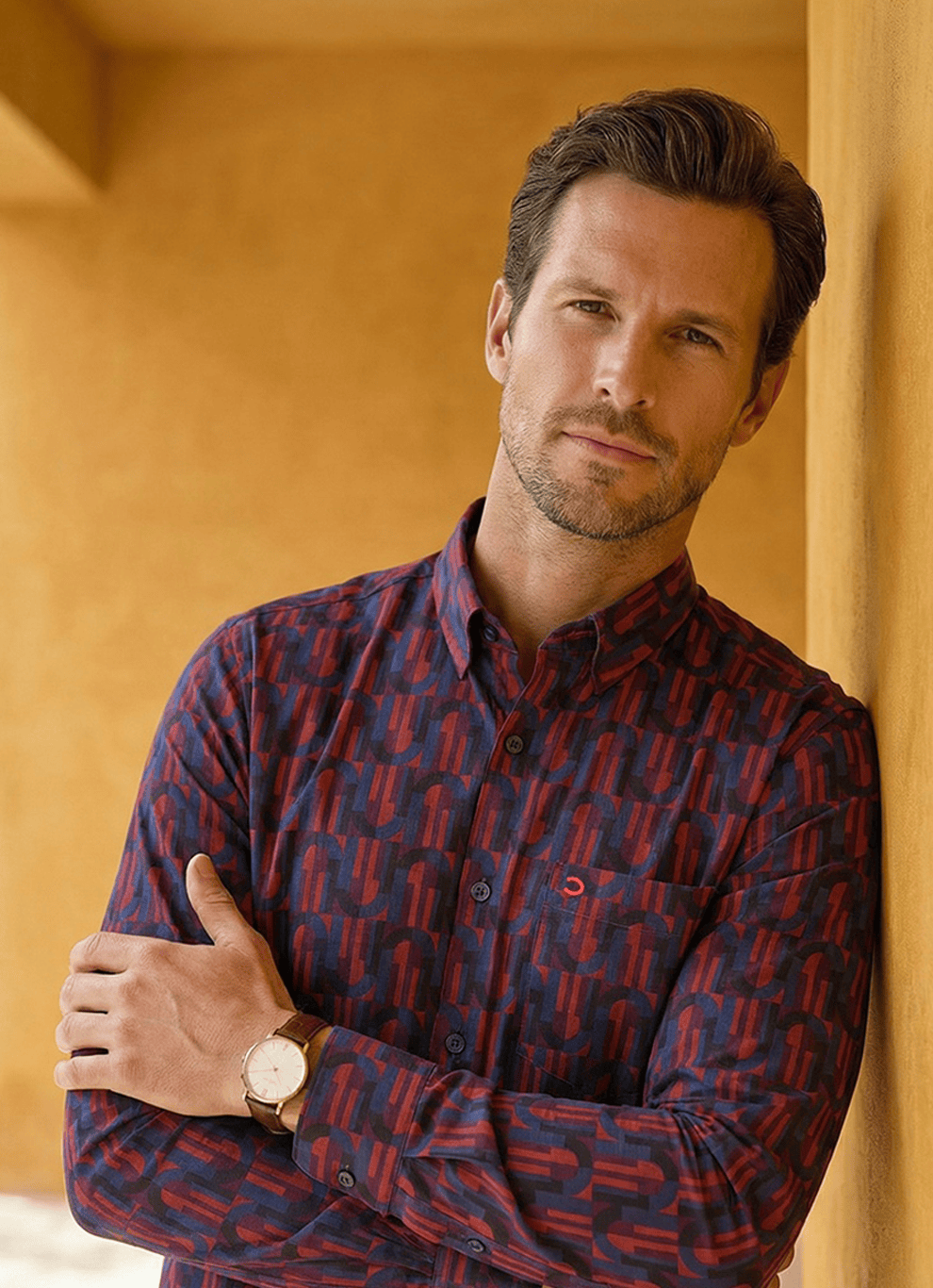 Blue Cotton Satin Print Slim Fit Full Sleeve Shirt