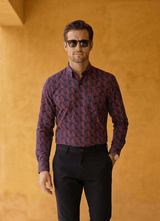 Blue Cotton Satin Print Slim Fit Full Sleeve Shirt