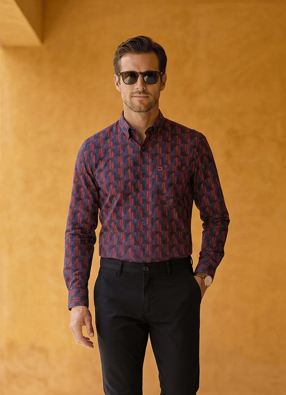 Blue Cotton Satin Print Slim Fit Full Sleeve Shirt