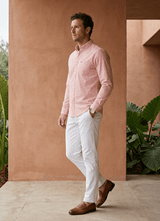 Coral Cotton Seersucker Checks Slim Fit Full Sleeve Shirt