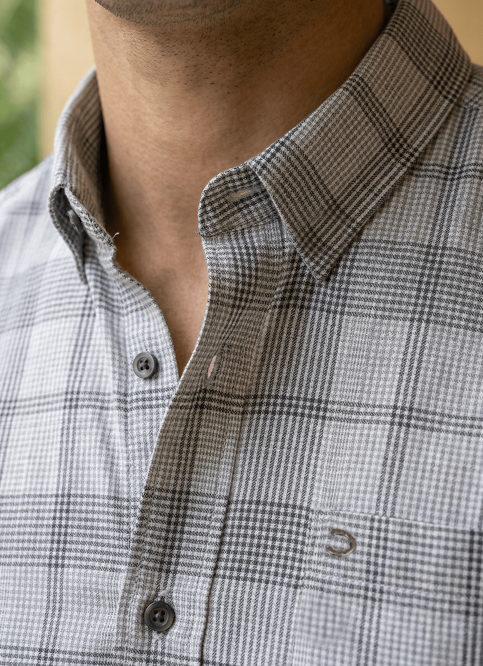 Grey Cotton Seersucker Checks Slim Fit Full Sleeve Shirt