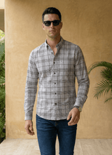 Grey Cotton Seersucker Checks Slim Fit Full Sleeve Shirt