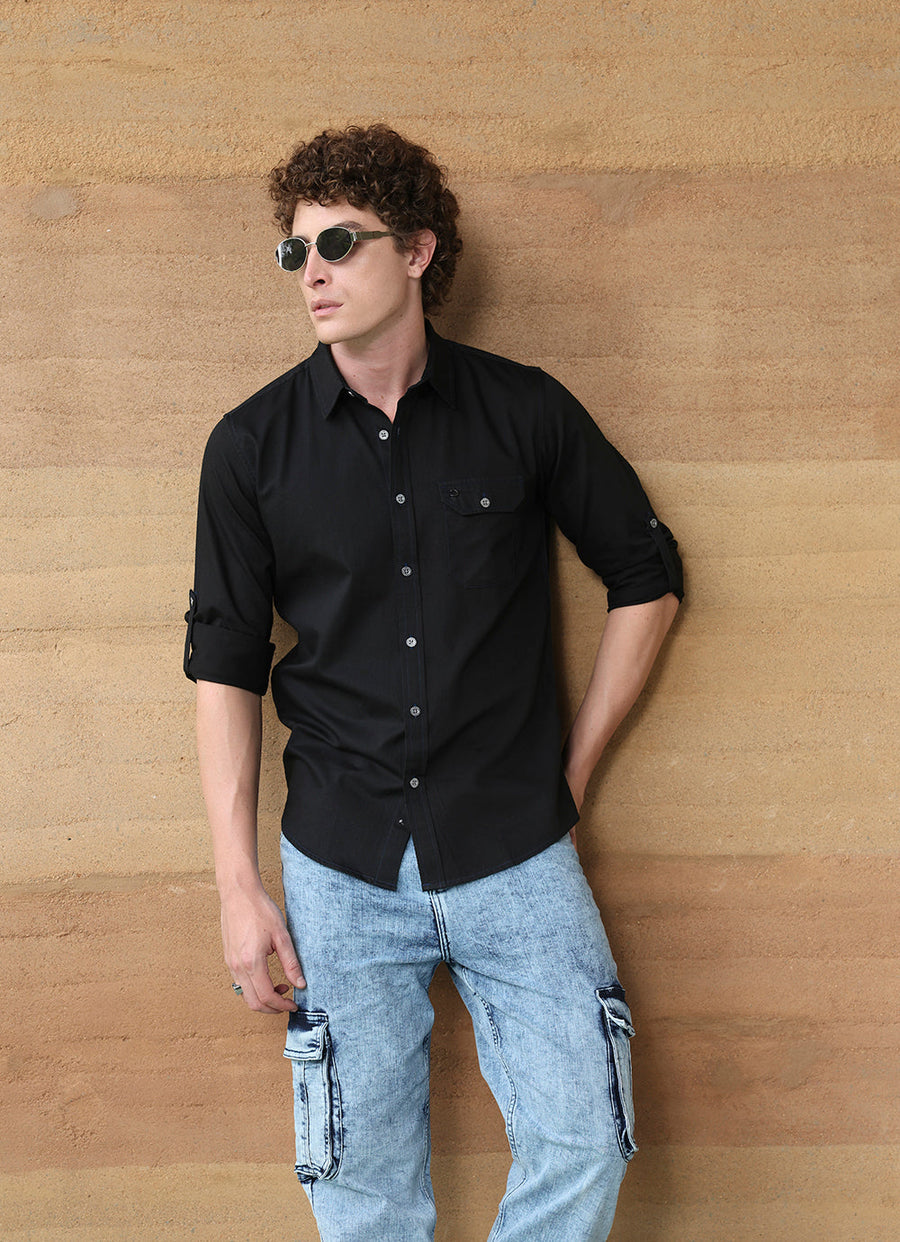 Black Solids Coloured Denim Slim Fit Shirt