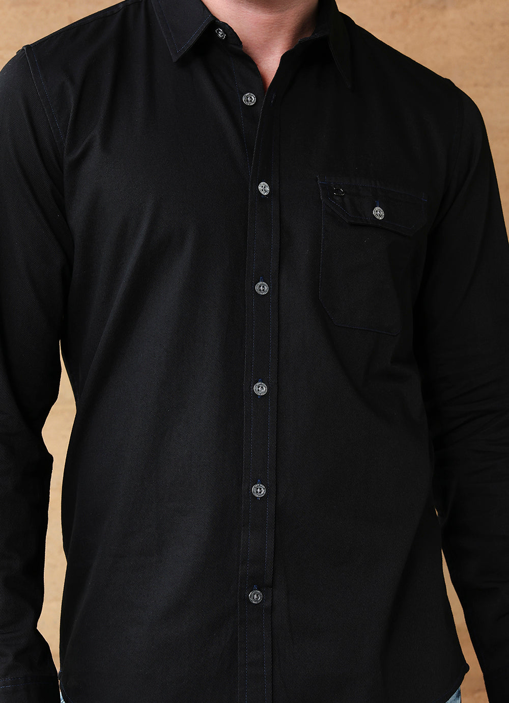 Black Solids Coloured Denim Slim Fit Shirt