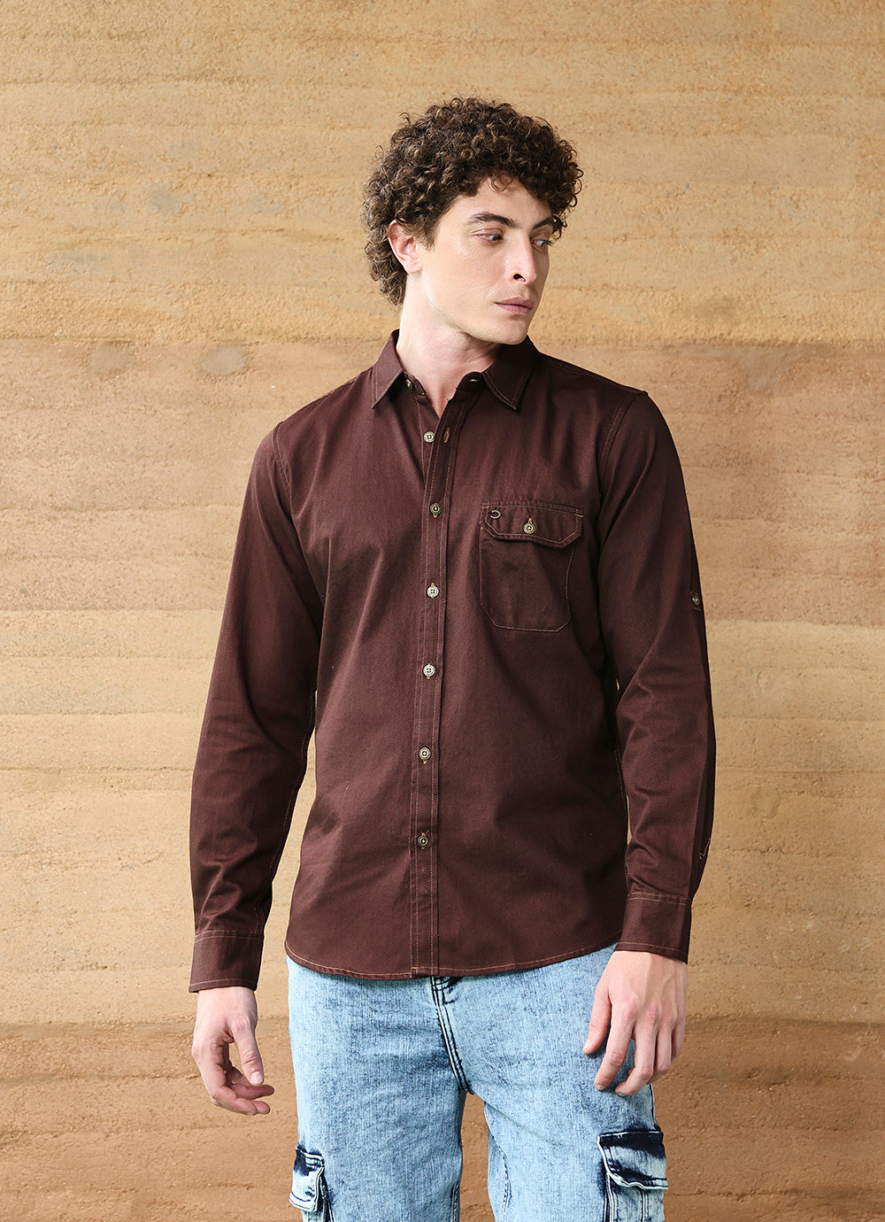 Brown Solids Coloured Denim Slim Fit Shirt