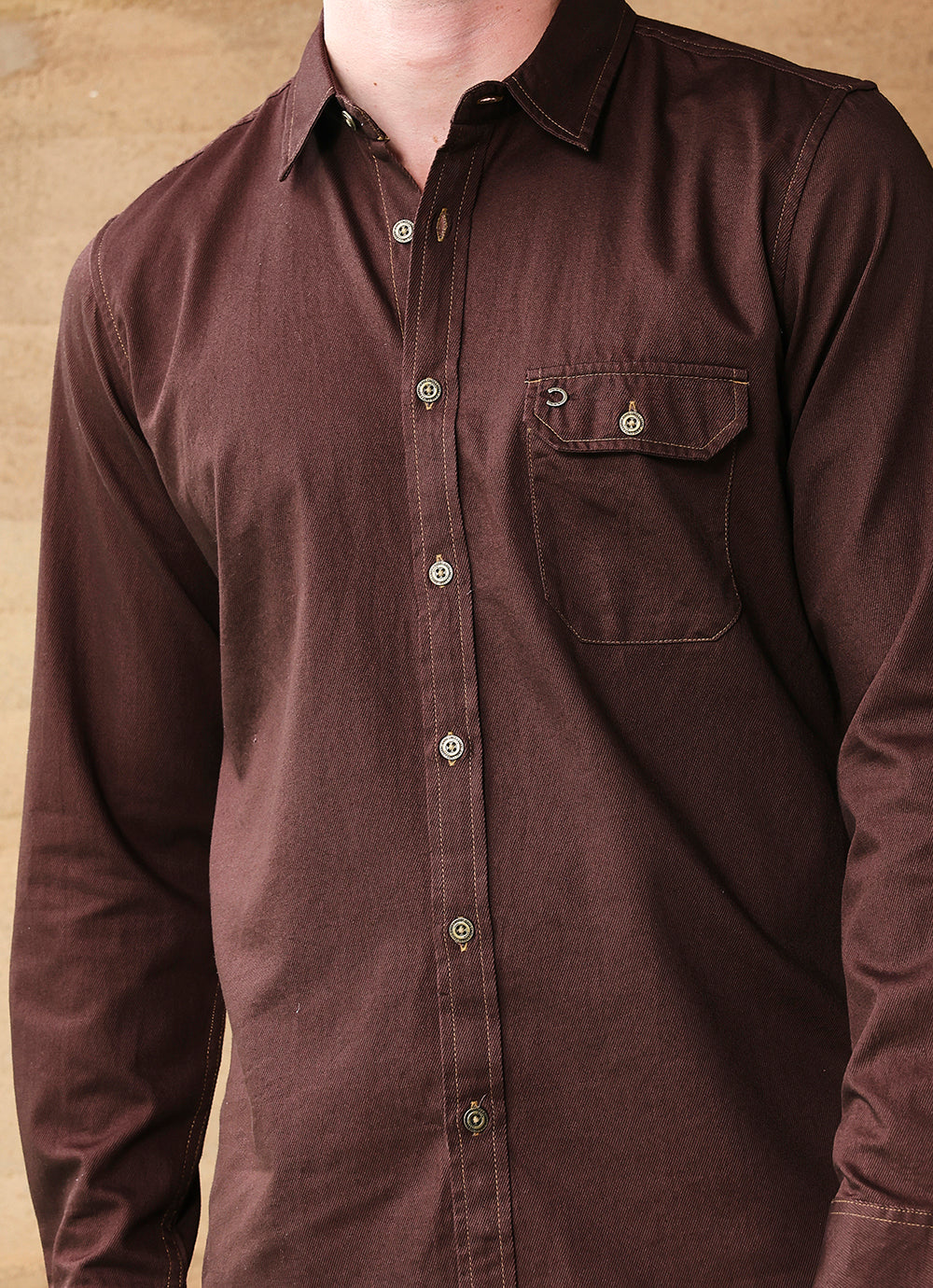 Brown Solids Coloured Denim Slim Fit Shirt