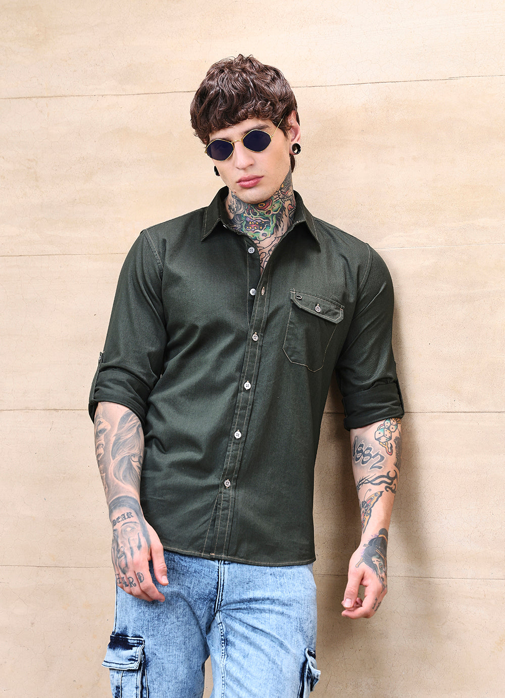 Green Solids Coloured Denim Slim Fit Shirt