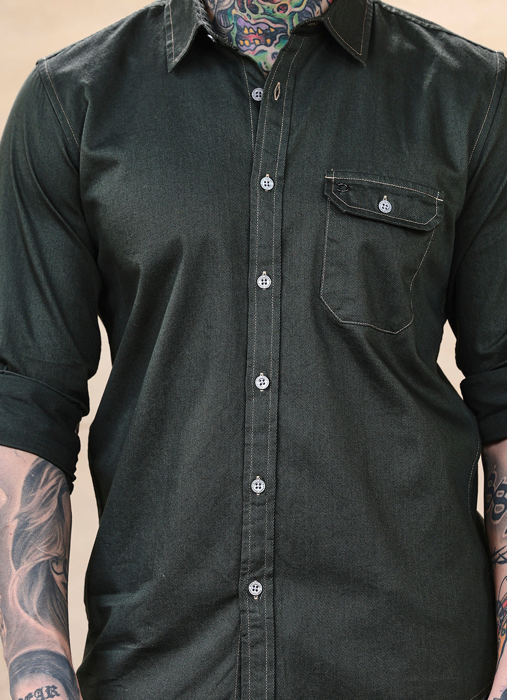 Green Solids Coloured Denim Slim Fit Shirt
