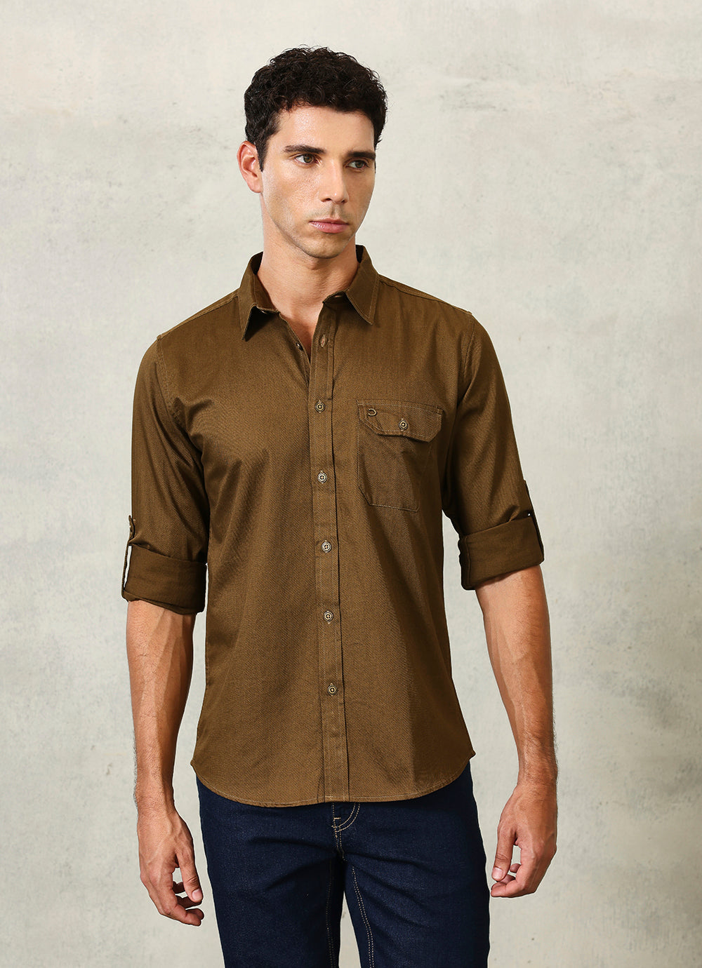 Khaki Solids Coloured Denim Slim Fit Shirt