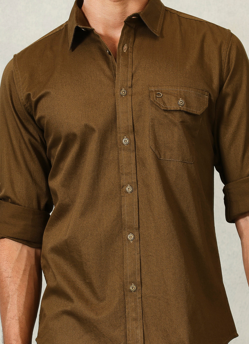 Khaki Solids Coloured Denim Slim Fit Shirt