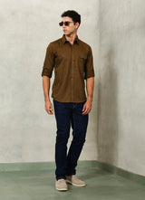 Khaki Solids Coloured Denim Slim Fit Shirt