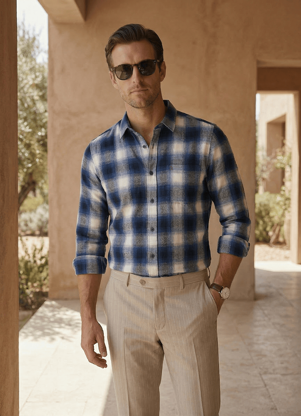 White Indigo Checks Cotton Slim Fit Full Sleeve Shirt