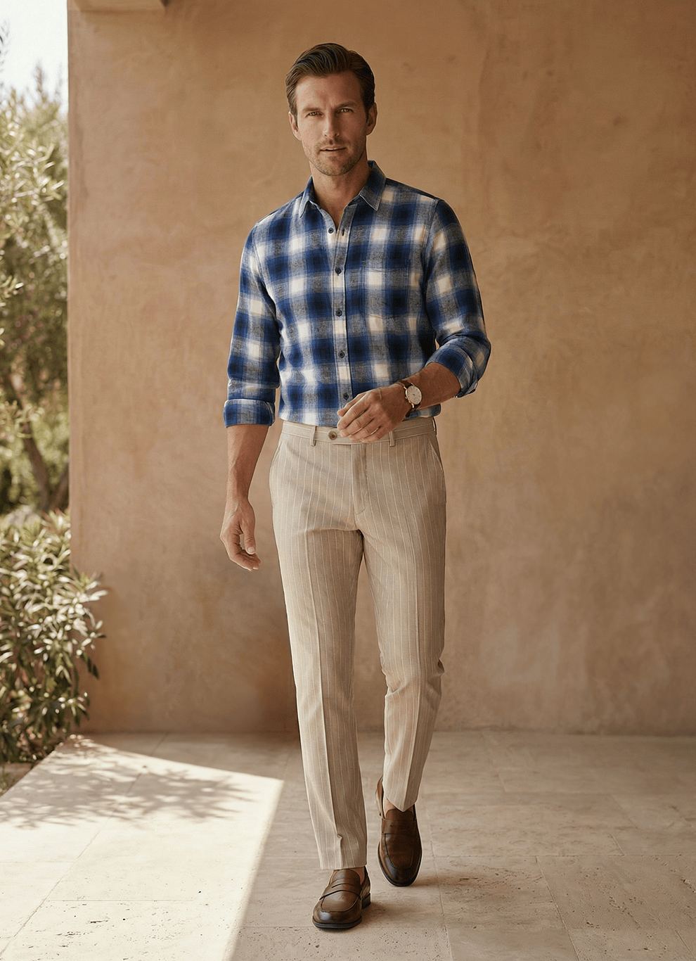 White Indigo Checks Cotton Slim Fit Full Sleeve Shirt