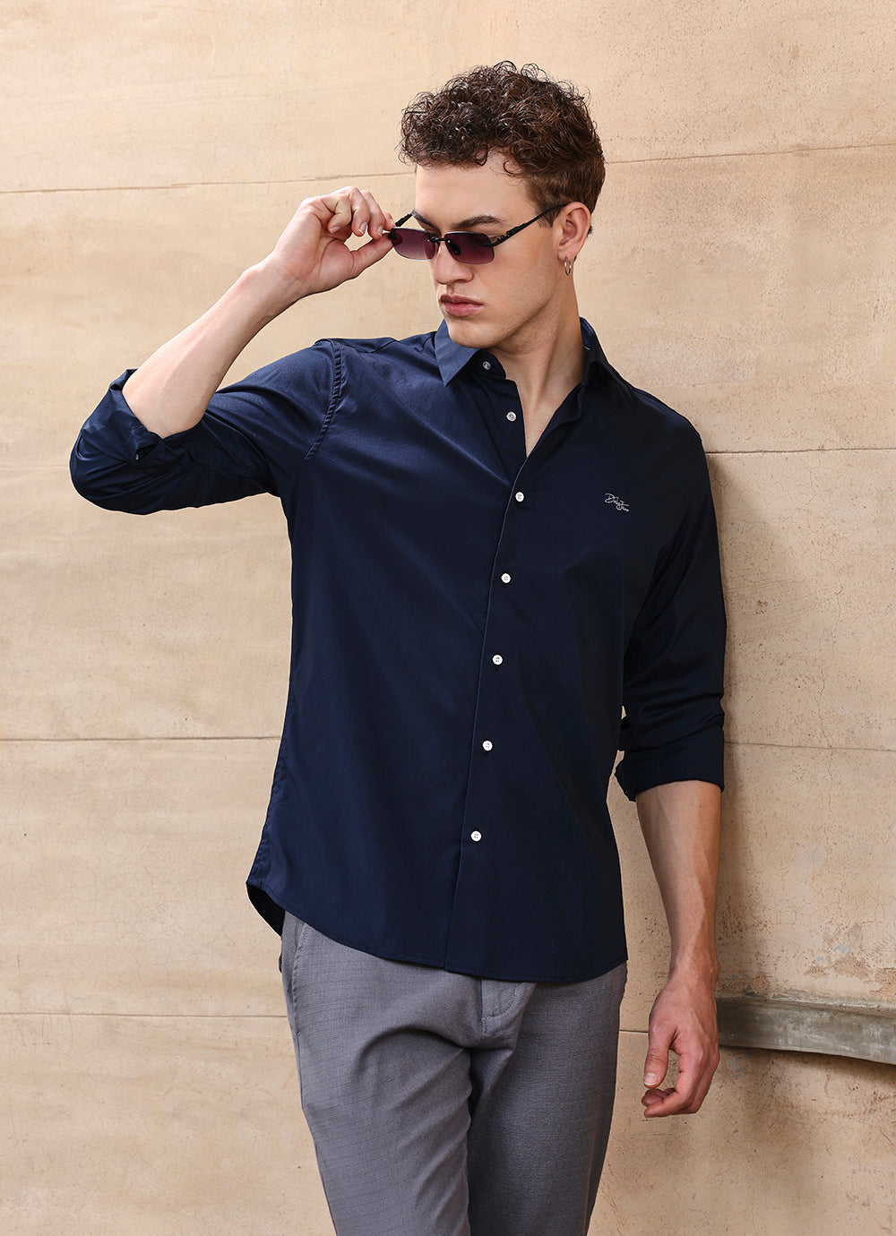 Navy Solids Cotton Satin Slim Fit Shirt