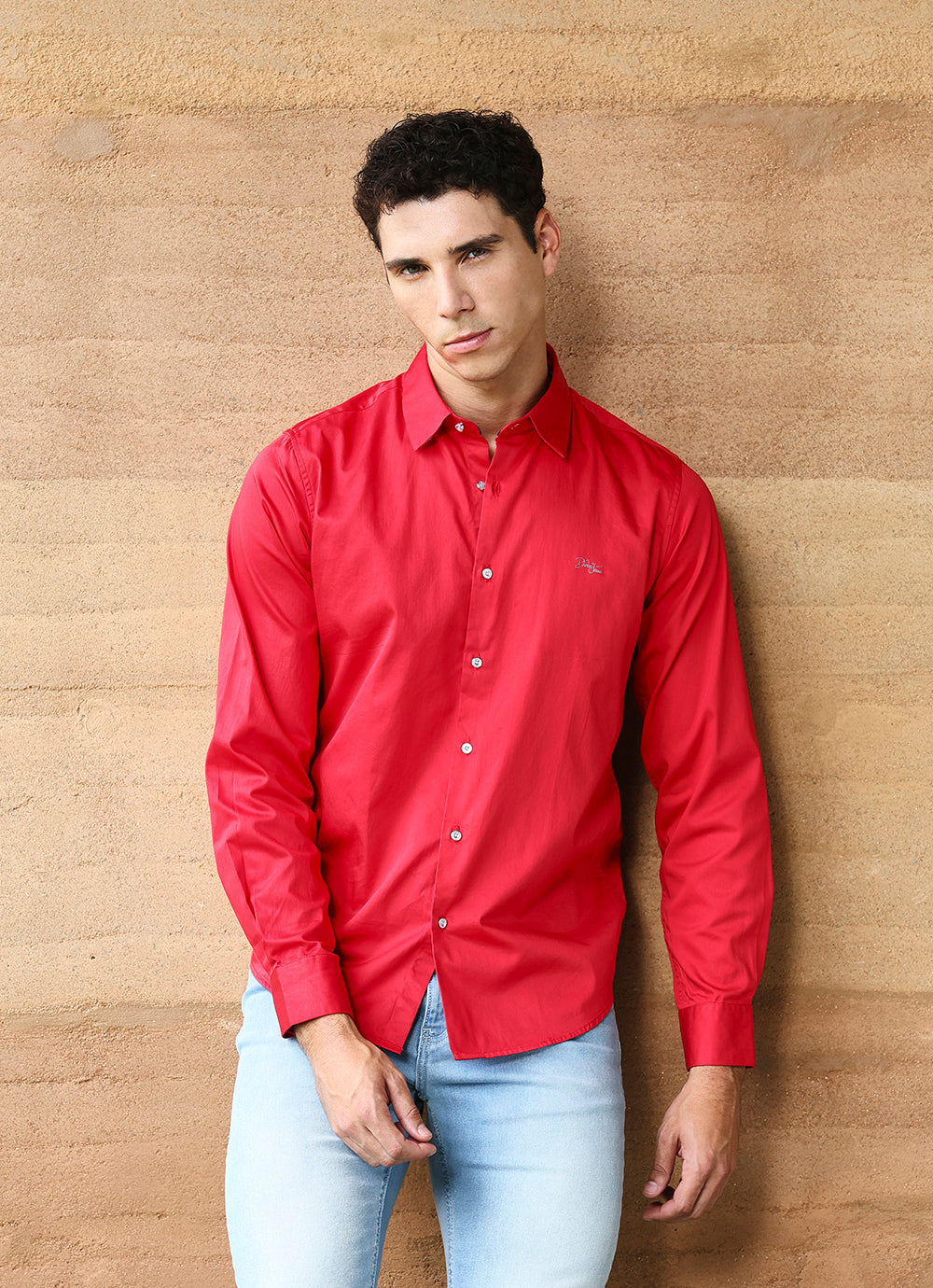 Red Solids Cotton Satin Slim Fit Shirt