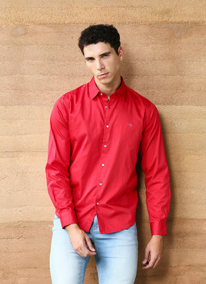 Red Solids Cotton Satin Slim Fit Shirt
