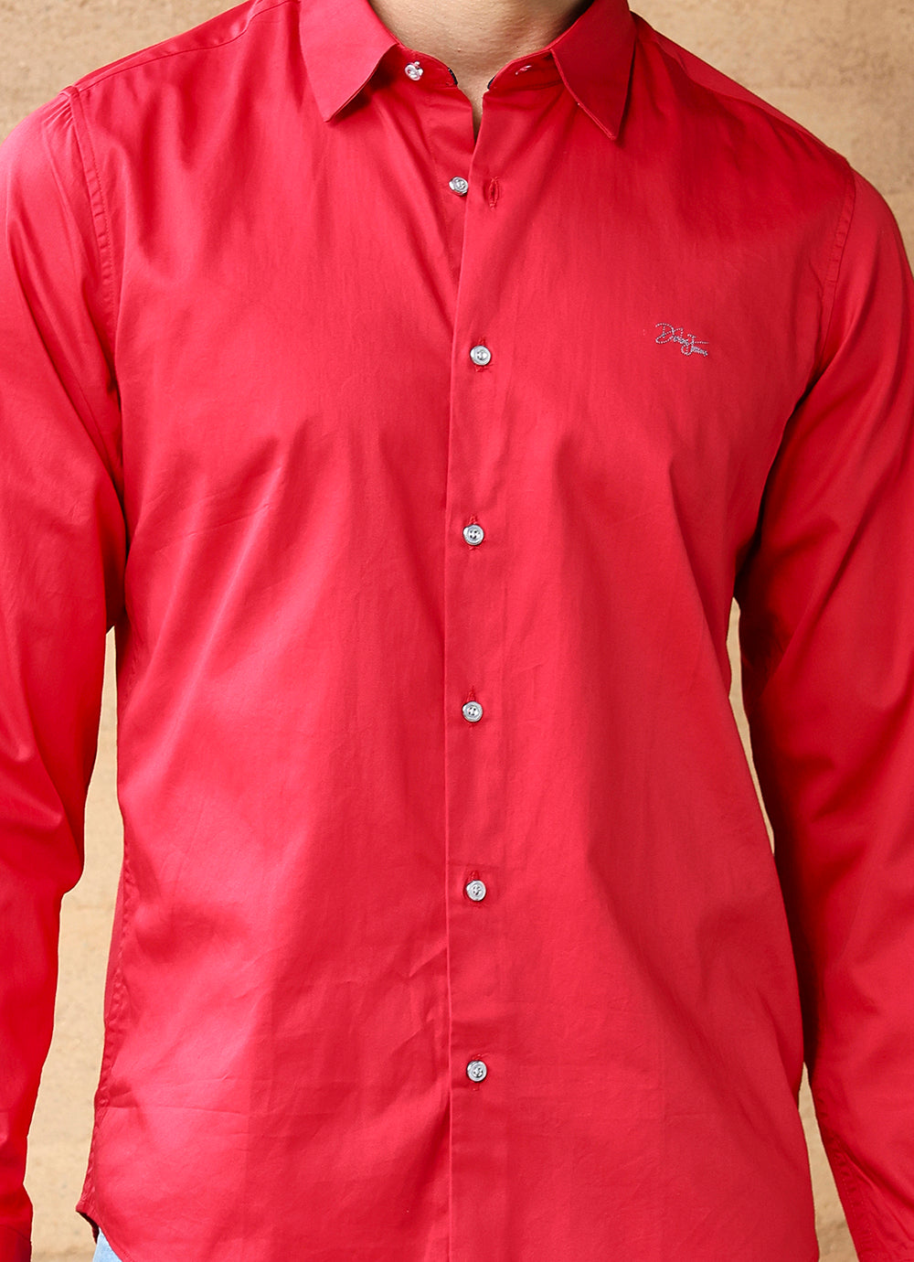 Red Solids Cotton Satin Slim Fit Shirt