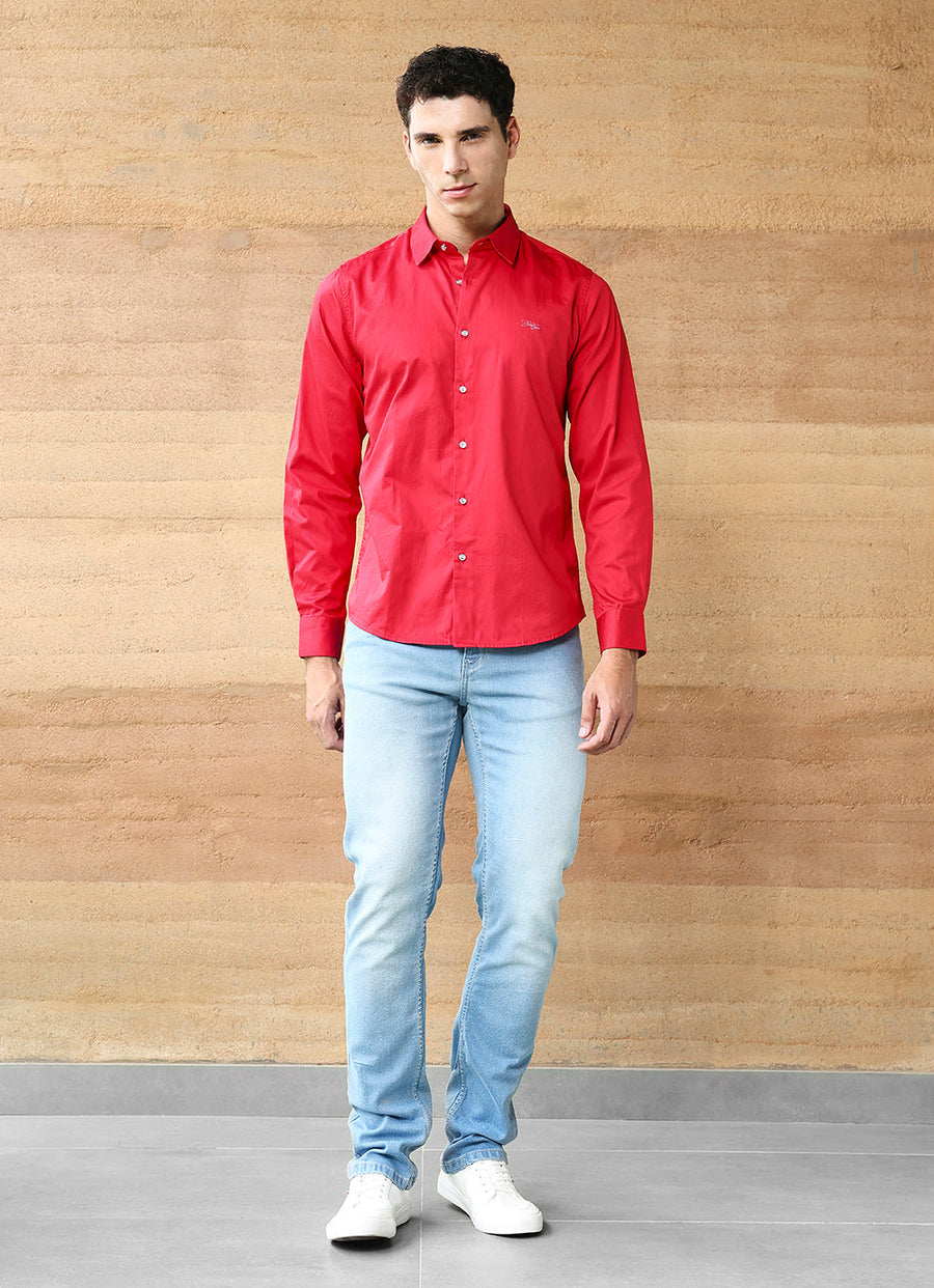 Red Solids Cotton Satin Slim Fit Shirt