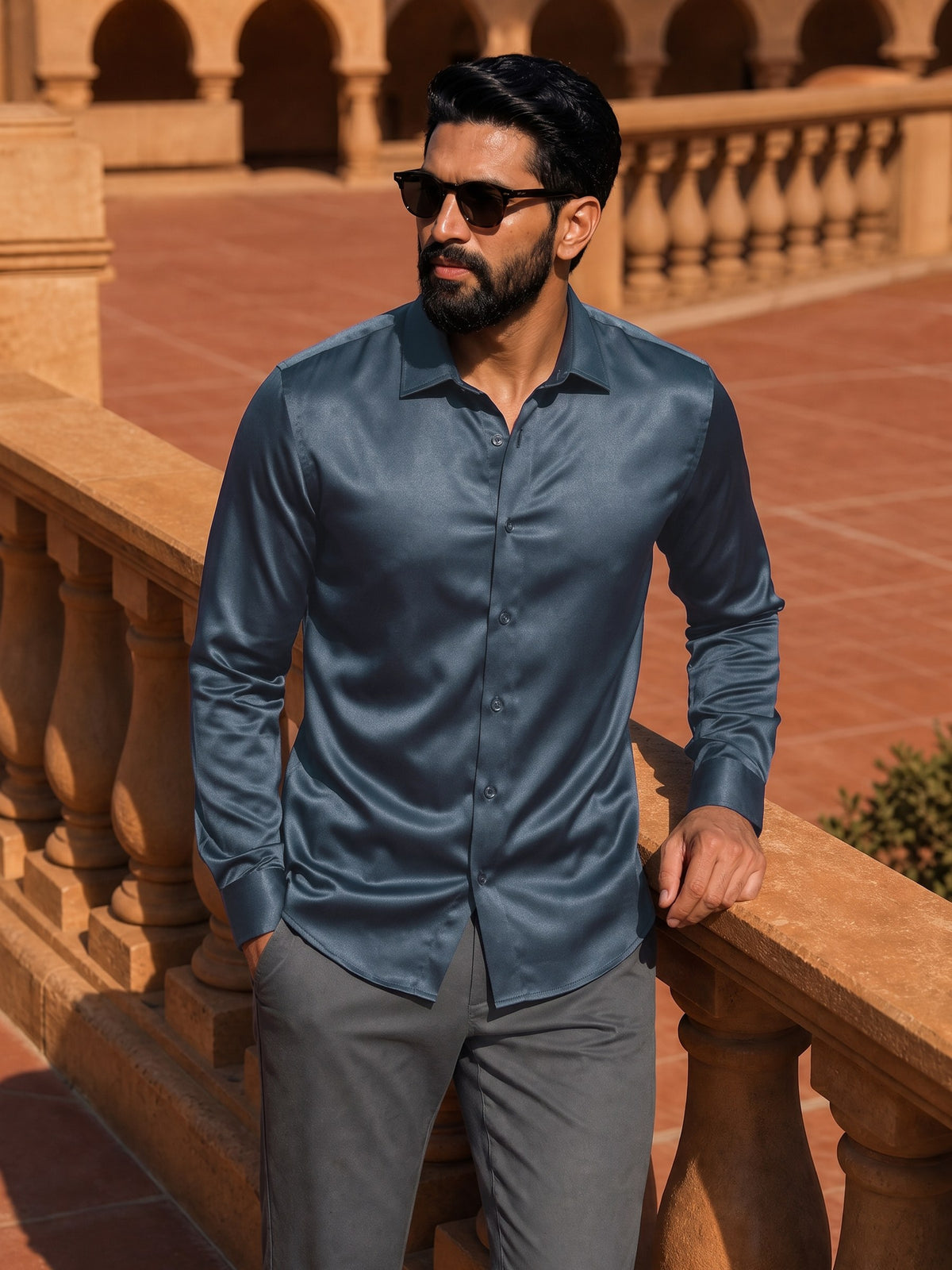 Petrol Blue Cotton Stretch Slim Fit Full Sleeve Shirt
