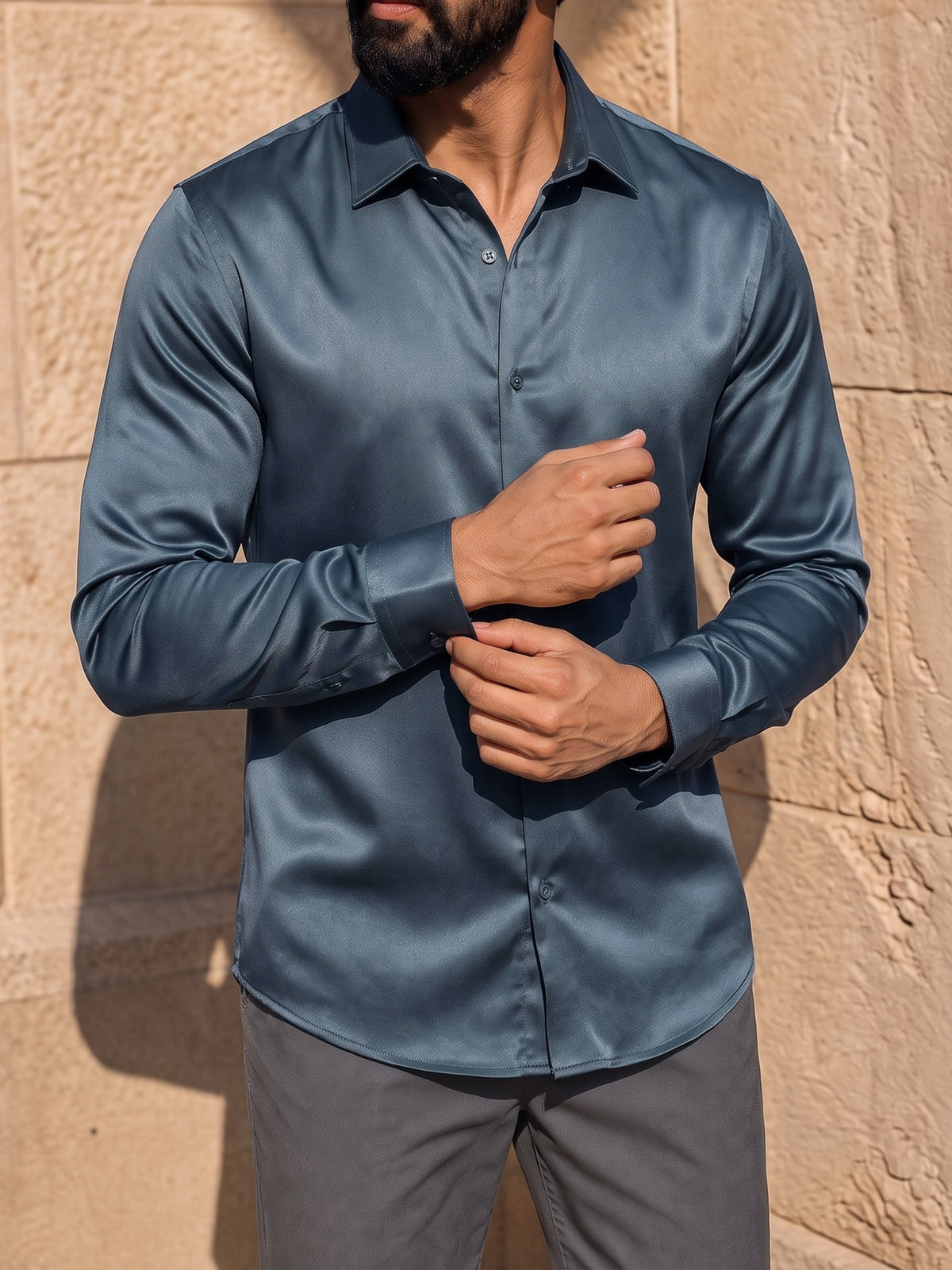 Petrol Blue Cotton Stretch Slim Fit Full Sleeve Shirt